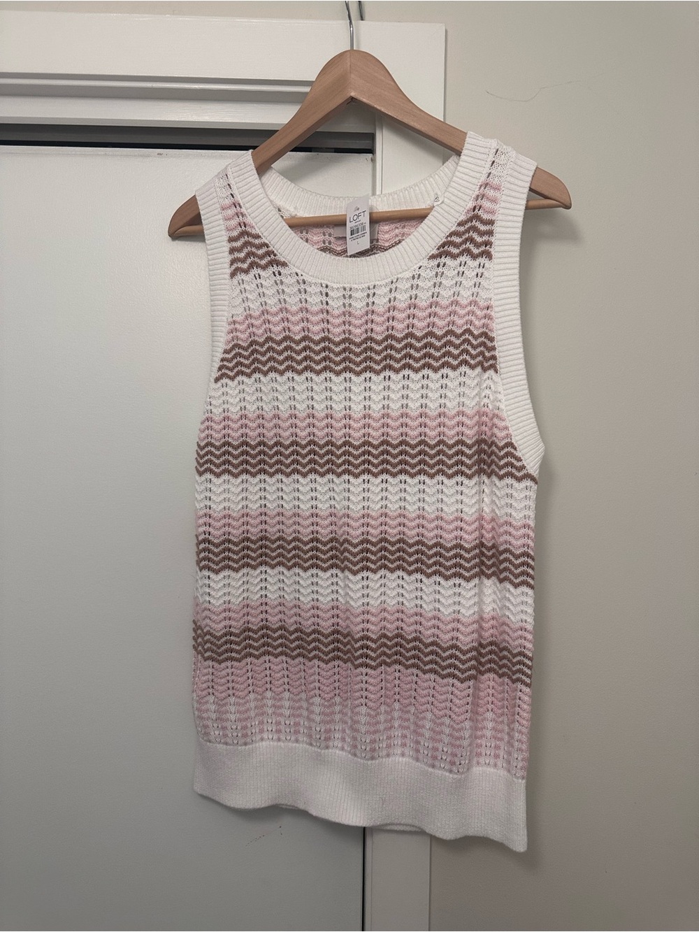 LOFT Pink, White & Brown Sleeveless V-Neck Knit Stripe Sweater NWT